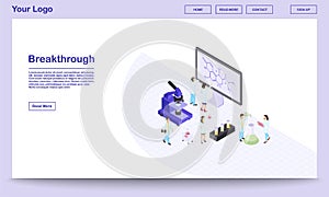 Scientific breakthrough isometric landing page template. Chemists, pharmacologists excited about new formula. 3d lab with modern