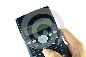 Scientific calculator in the hand isolated on white background