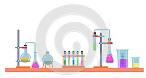 Scientific chemical laboratory, conducting experiments, research in laboratory. Glassware, jars, flasks, tubes and complex