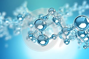 Scientific and cosmetology background with abstract molecular structure. Blue light transparent liquid bubbles
