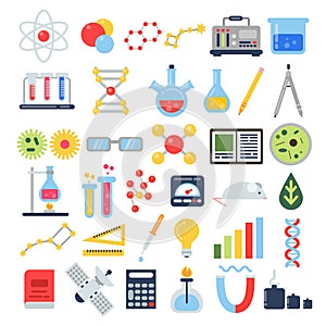 Scientific equipment for chemical testing. Science vector icon set