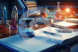 Scientific equipments spread on desk. Generative AI