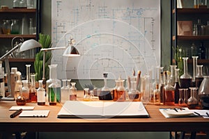 Scientific equipments spread on desk. Generative AI