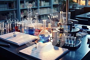 Scientific equipments spread on desk. Generative AI