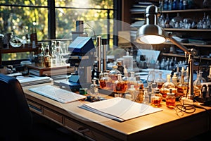 Scientific equipments spread on desk. Generative AI