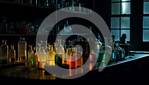 Scientific experiment liquid variation in glass bottles on laboratory shelf generated by AI