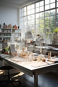 Scientific Exploration: Laboratory Table with Equipment, Books, and Journals