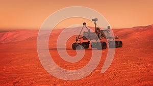 Scientific exploratory vehicle on the surface of a Mars like red sand planet. 3D rendering