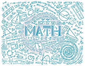 Scientific formulas and calculations in physics and mathematics on whiteboard. The lesson of algebra and geometry in