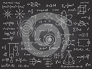 Scientific formulas. Mathematics and physics calculus on class chalkboard. Algebra and physical science handwritten