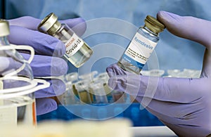 Scientific has two vials with medication for people infected by Sars-CoV-2, Remdesivir is a selective antiviral prophylactic