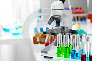 Scientific healthcare research background with microscope in medical laboratory