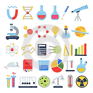 Scientific icon set. Science lab with different equipment. Vector pictures in flat style