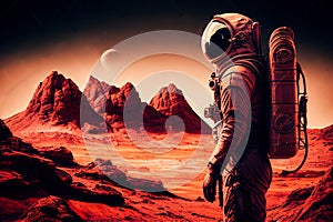 The scientific illustration of a colony on Mars in the near future features the launching mission of the rocket into the