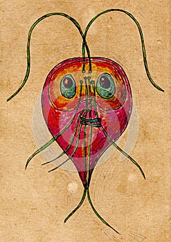 Scientific illustration of Giardia intestinalis protozoan on aged paper, evoking the style of medieval medical drawings.