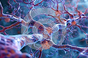 Neurons with dendrites affected by amyloid plaques in Alzheimer\'s disease. Generative AI photo