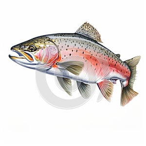 Scientific Illustration Of Rainbow Trout Swimming In White Background