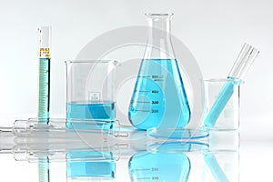 Scientific laboratory experimental glassware with clear solution