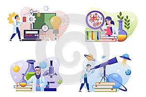 Scientific laboratory flat illustrations set