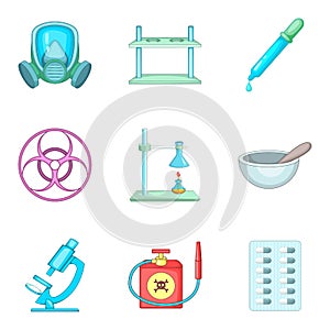 Scientific laboratory icons set, cartoon style