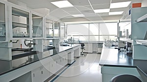 Scientific laboratory interior, research facilty, light and airy, AI generative