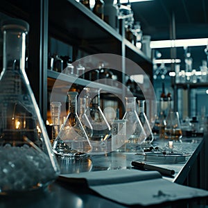 A scientific medical laboratory with a variety of flasks, reagents, vessels, liquids and equipment. Scientific