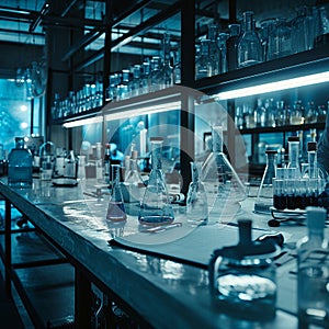 A scientific medical laboratory with a variety of flasks, reagents, vessels, liquids and equipment. Scientific