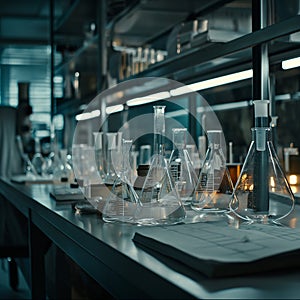 A scientific medical laboratory with a variety of flasks, reagents, vessels, liquids and equipment. Scientific