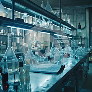 A scientific medical laboratory with a variety of flasks, reagents, vessels, liquids and equipment. Scientific