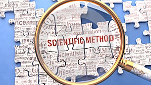 Scientific method and related ideas on a puzzle pieces. A metaphor showing complexity of Scientific method analyzed with