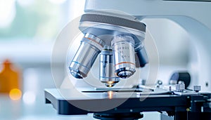Scientific Microscope with Multiple Objective Lenses in Laboratory Setting
