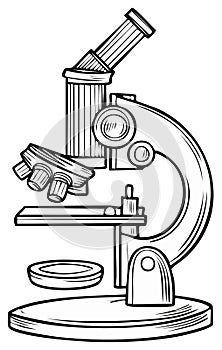 Scientific microscope vector illustration, drawing in black and white