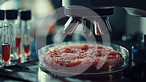Microscope Examining Fresh Meat Samples.Generative AI