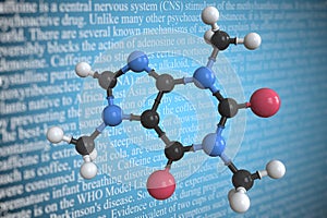 Caffeine scientific molecular model, 3D rendering