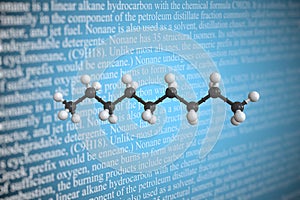 Molecular model of nonane, 3D rendering
