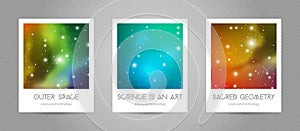 Scientific postcards with copy space. Hipster geometry shapes with space texture. Vector design for music albums