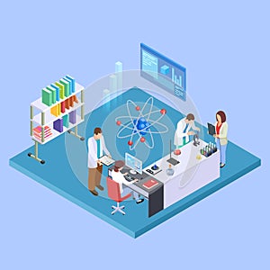 Scientific research laboratory. Isometric chemistry equpment and sciensists, pharmaceutical lab concept