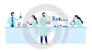 Scientific research. Scientist people wearing lab coats, science researches and chemical laboratory experiments vector