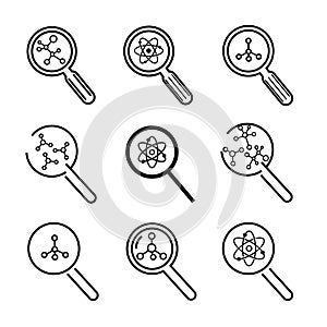 Scientific research vector icons set, magnifiers photo