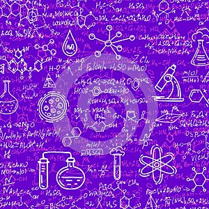 Scientific research of a virus .Chemical formulas background . Vector illustration .