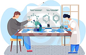 Scientific research. Woman working with a flask with liquid. A man looking through a microscope lens