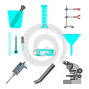 Scientific set of laboratory materials and tools. Flat design concept. Vector illustration microscope, tweezer, micropipette, funn