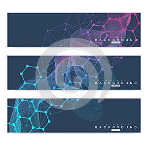 Scientific set of modern vector banners. DNA molecule structure with connected lines and dots. Science vector background