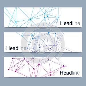 Scientific set of modern vector banners. DNA molecule structure with connected lines and dots. Science vector background