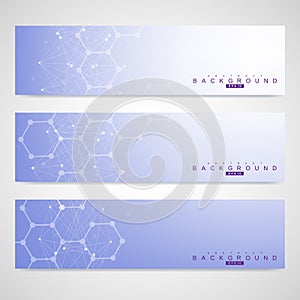 Scientific set of modern vector banners. DNA molecule structure with connected lines and dots. Science vector background