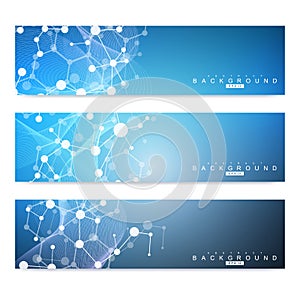 Scientific set of modern vector banners. DNA molecule structure with connected lines and dots. Science vector background