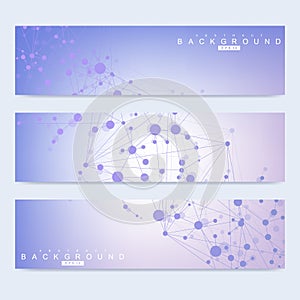 Scientific set of modern vector banners. DNA molecule structure with connected lines and dots. Science vector background
