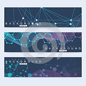 Scientific set of modern vector banners. DNA molecule structure with connected lines and dots. Science vector background