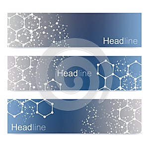 Scientific set of modern vector banners. DNA molecule structure with connected lines and dots. Science vector background