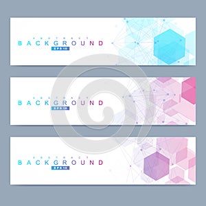 Scientific set of modern vector banners. DNA molecule structure with connected lines and dots. Science vector background